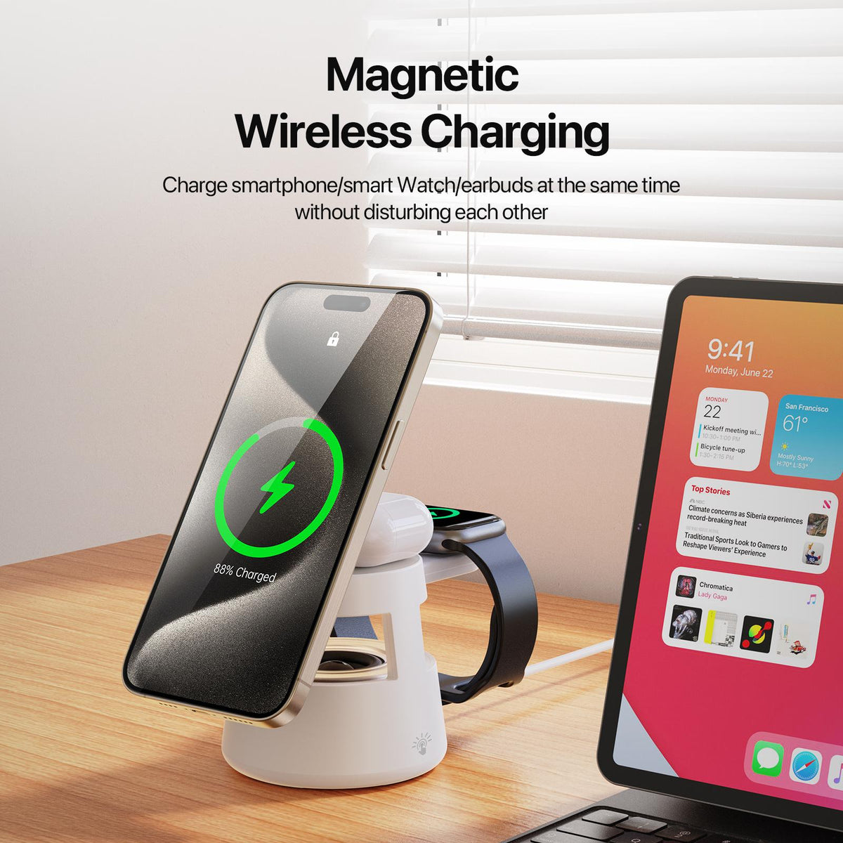 Duzzona W23 5-in-1 Magnetic Wireless Charging Station with Bluetooth Speaker