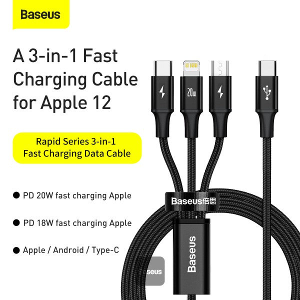 Baseus Rapid Series 3-in-1 Fast Charging Data Cable Type-C to M+L+C PD 20W 1.5m