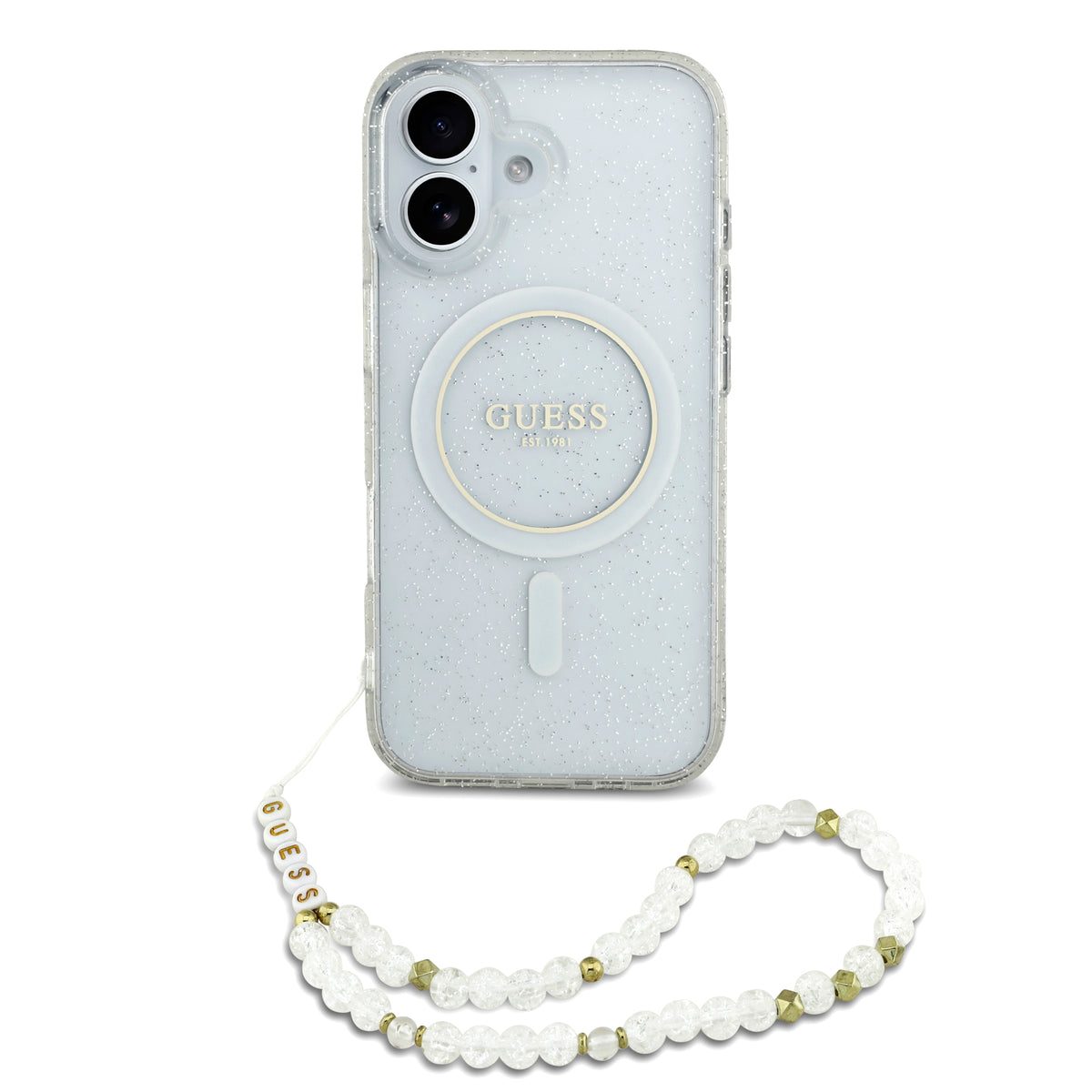 GUESS Glitters Script MagSafe with Strap iPhone 17 Case