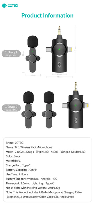 Coteci 3in1 Wireless Radio Microphone 1for2 (74003)